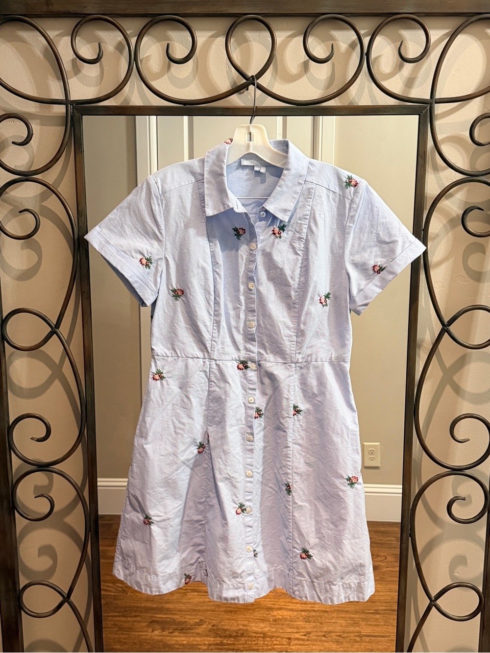 Hill House Oxford Blue Laura Dress with Embroidered Flowers Medium